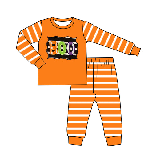(Pre-order)BLP1163 BOO Orange Stripes Pants Boys Halloween Pajamas Clothes Set