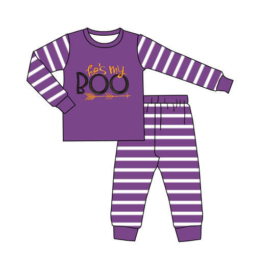 (Pre-order)BLP1164 BOO Purple Stripes Pants Boys Halloween Pajamas Clothes Set