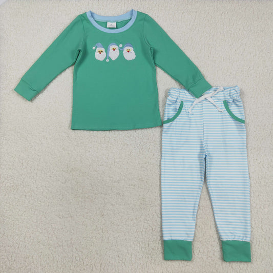 BLP1168 Santa Embroidery Top Stripes Pants Boys Christmas Clothes Set