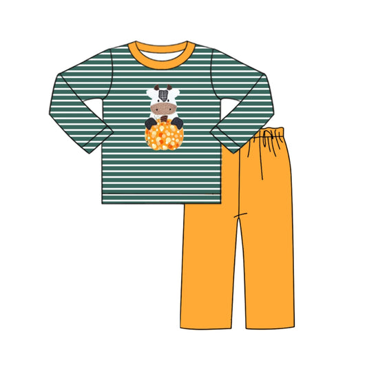 (Pre-order)BLP1169 Cow Pumpkin Stripes Top Orange Pants Boys Fall Clothes Set