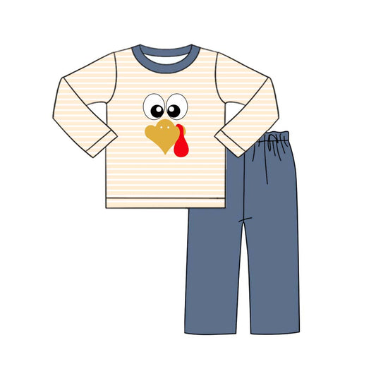 (Pre-order)BLP1171 Turkey Stripes Top Blue Pants Boys Thanksgiving Clothes Set