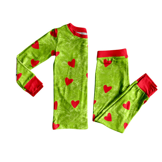 (Pre-order)BLP1175 Green Frog Heart Print Kids Christmas Pajamas Clothes Set