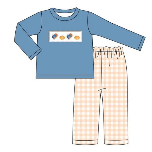 (Pre-order)BLP1176 Turkey Pumpkin Blue Top Plaid Pants Boys Thanksgiving Clothes Set
