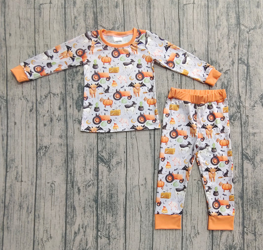 (Pre-order)BLP1179 Farm Animals Pumpkin Print Boys Halloween Pajamas Clothes Set
