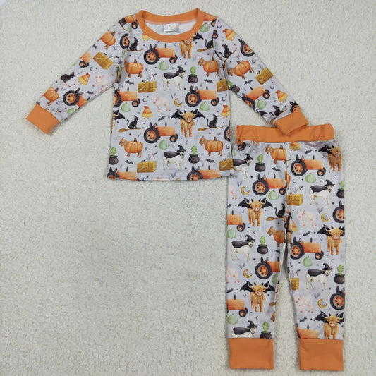 BLP1179 Farm Animals Pumpkin Print Boys Halloween Pajamas Clothes Set