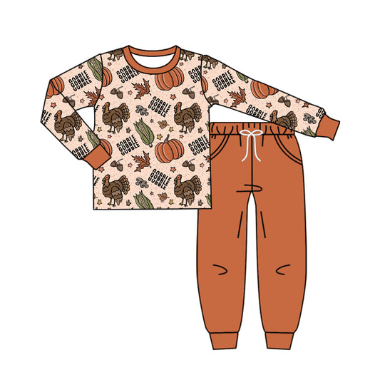 (Pre-order)BLP1181 Turkey Pumpkin Top Pockets Pants Boys Thanksgiving Clothes Set