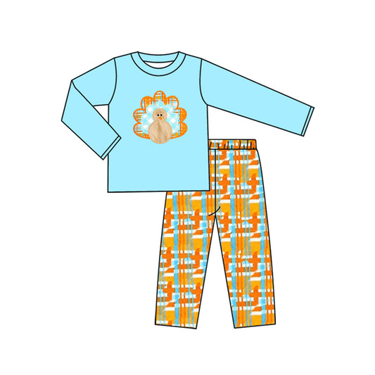(Pre-order)BLP1182 Turkey Blue Top Plaid Pants Boys Thanksgiving Clothes Set