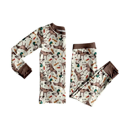 (Pre-order)BLP1184 Dog Duck Hunting Print Boys Fall Pajamas Clothes Set