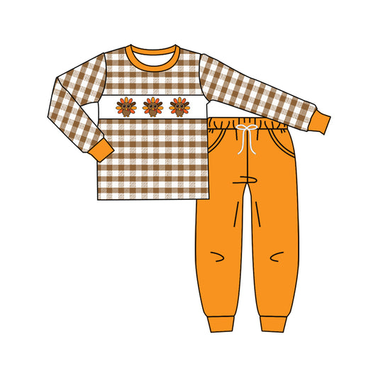 (Pre-order)BLP1186 Turkey Plaid Top Orange Pants Boys Thanksgiving Clothes Set