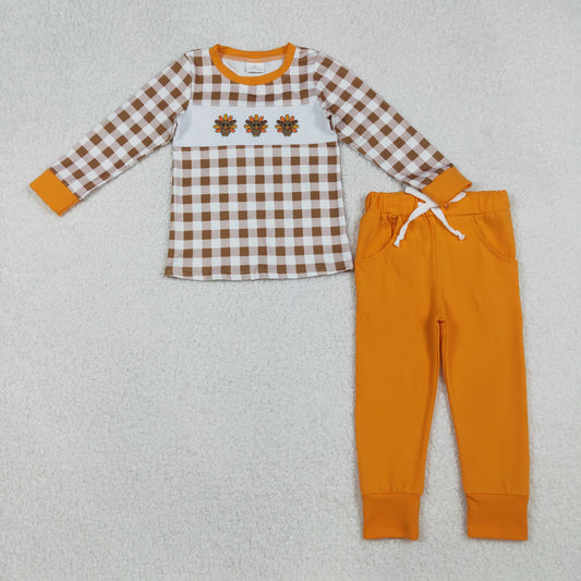 BLP1186 Turkey Embroidery Plaid Top Orange Pants Boys Thanksgiving Clothes Set