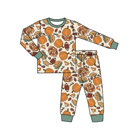(Pre-order)BLP1187 Turkey Pumpkin Print Girls Thanksgiving Pajamas Clothes Set