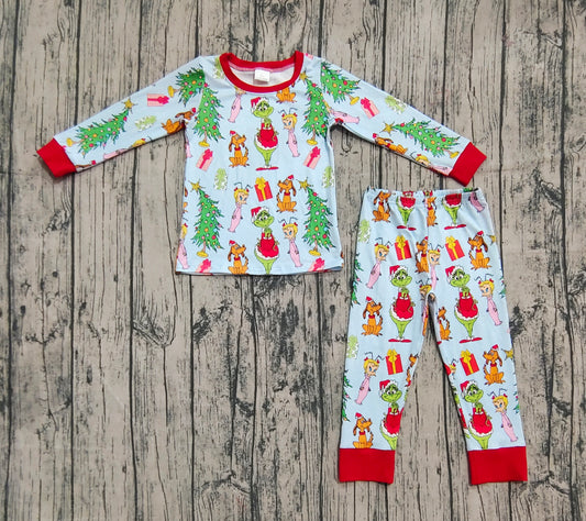 (Custom Design Preorder MOQ 20) Green Frog Blue Print Boys Christmas Bamboo Pajamas Clothes Set