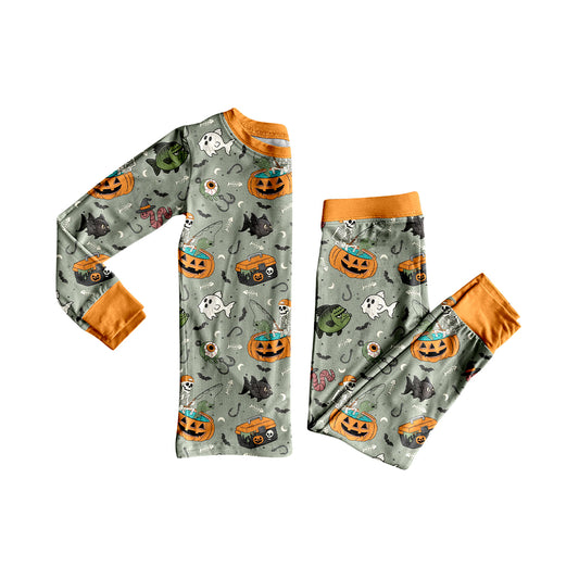 (Pre-order)BLP1190 Fishing Pumpkin Print Girls Halloween Pajamas Clothes Set