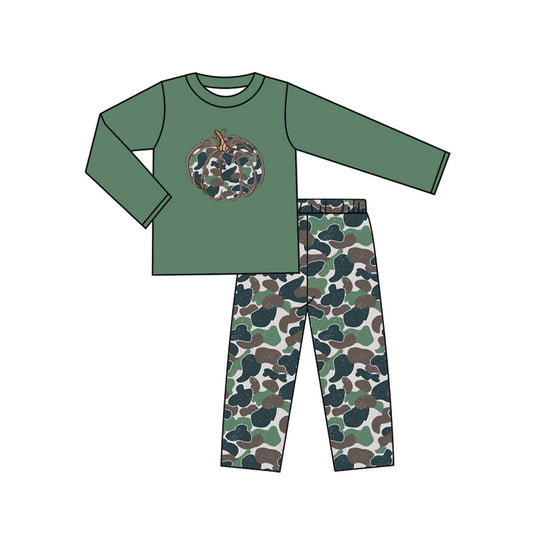 (Pre-order)BLP1191 Pumpkin Green Top Camo Pants Boys Fall Clothes Set