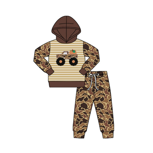 (Pre-order)BLP1192 Trucks Pumpkin Brown Camo Print Boys Hoodie Fall Clothes Set