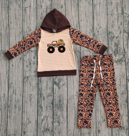 (Custom Design Preorder MOQ 5) Trucks Pumpkin Brown Camo Print Boys Hoodie Fall Clothes Set