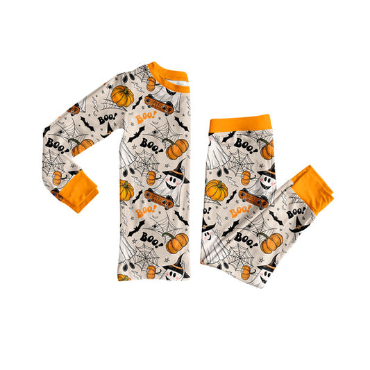 (Pre-order)BLP1195 BOO Bat Spooky Pumpkin Print Boys Halloween Pajamas Clothes Set