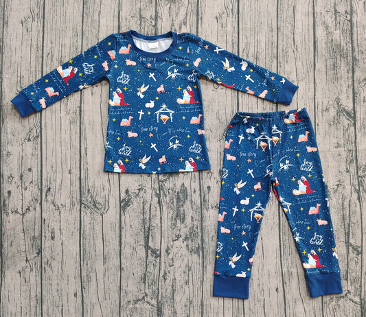 (Custom Design Preorder MOQ 20) Nativity Print Kids Christmas Bamboo Pajamas Clothes Set