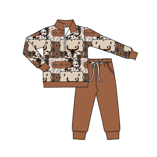(Pre-order)BLP2649 Aztec Skull Western  Zipper Pullover Top Brown Pants Boys Fall Clothes Set