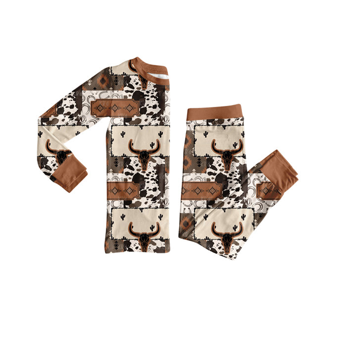 (Pre-order)BLP1200 Aztec Skull Western Print Boys Fall Pajamas Clothes Set