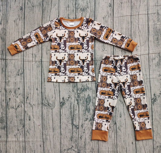 (Pre-order)BLP1200 Aztec Skull Western Print Boys Fall Pajamas Clothes Set