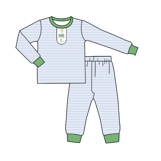 (Pre-order)BLP1201 Tractors Pumpkin Stripes Print Boys Fall Pajamas Clothes Set