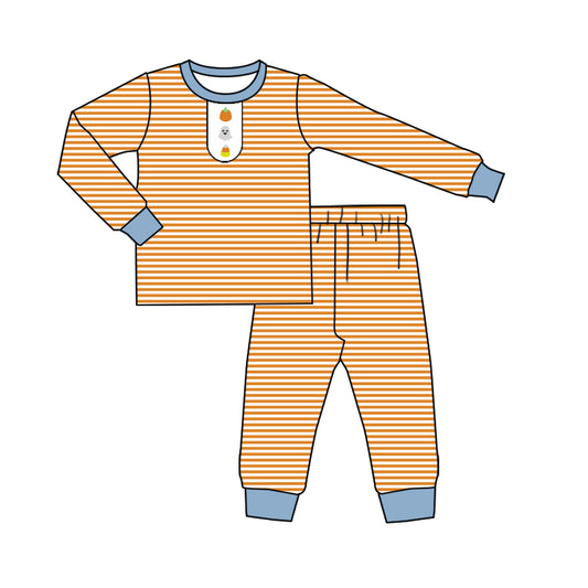 (Pre-order)BLP1203 Pumpkin Spooky Candy Stripes Print Boys Halloween Pajamas Clothes Set