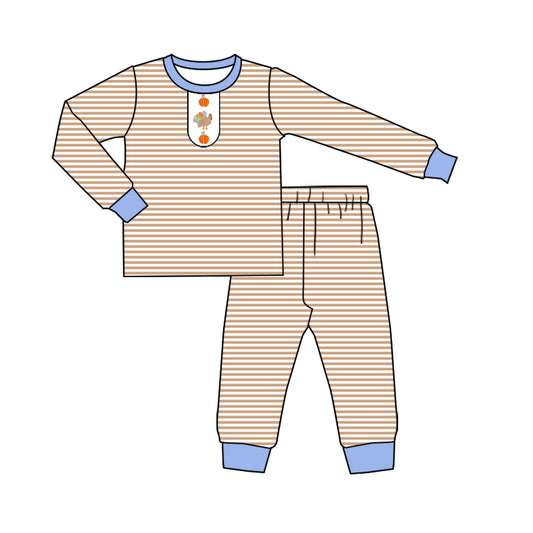 (Pre-order)BLP1204 Turkey Pumpkin Stripes Print Boys Thanksgiving Pajamas Clothes Set