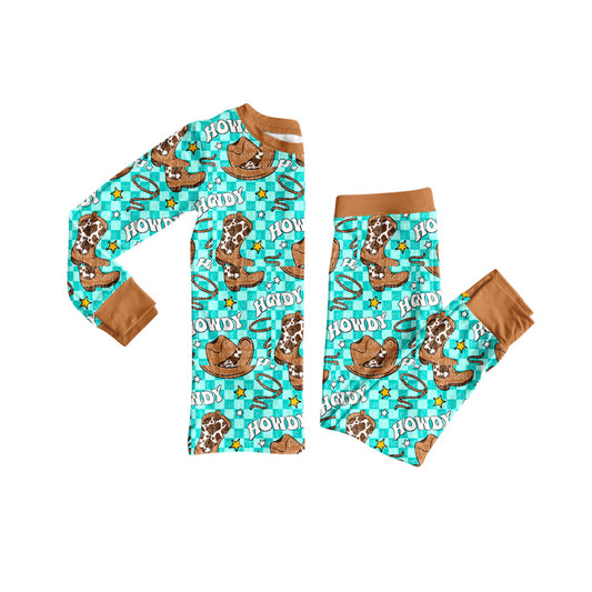(Pre-order)BLP1207 Howdy Boots Hat Plaid Print Boys Fall Pajamas Clothes Set
