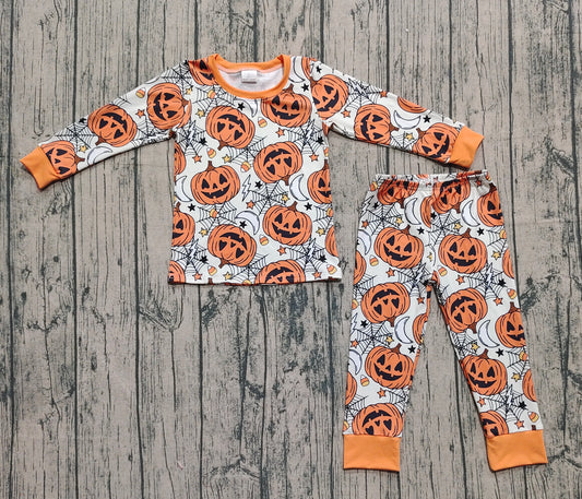 (Pre-order)BLP1210 Pumpkin Candy Web Print Boys Halloween Pajamas Clothes Set