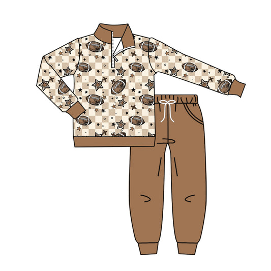 (Pre-order)BLP1217 Football Stars Plaid Zipper Pullover Top Brown Pants Boys Fall Clothes Set
