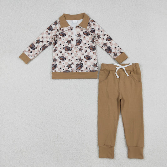 BLP1217 Football Stars Plaid Zipper Pullover Top Brown Pants Boys Fall Clothes Set