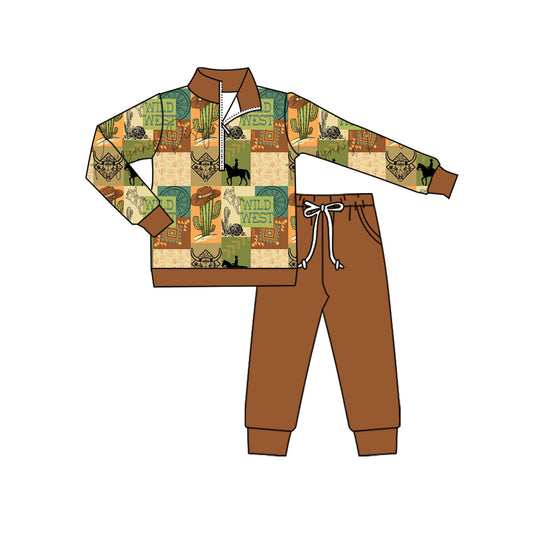 (Pre-order)BLP1218 WILD WEST Cowboy Zipper Pullover Top Brown Pants Boys Fall Clothes Set