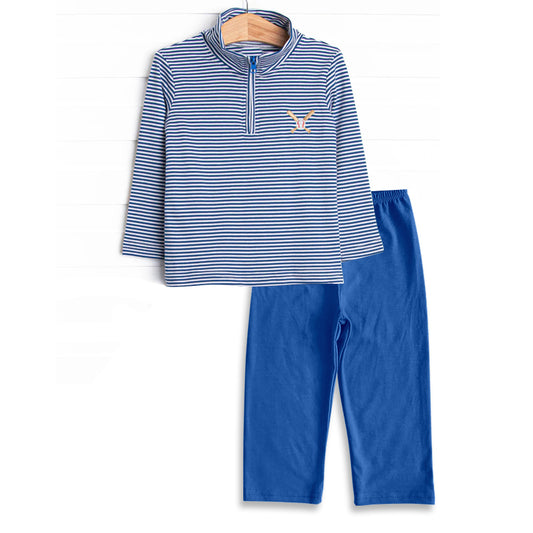 (Pre-order)BLP1220 Baseball Stripes Zipper Pullover Top Blue Pants Boys Fall Clothes Set