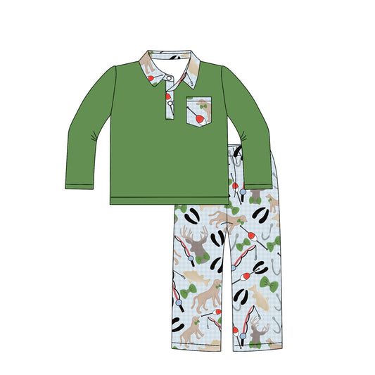 (Pre-order)BLP1221 Green Polo Pocket Top Fishing Plaid Pants Boys Fall Hunting Clothes Set