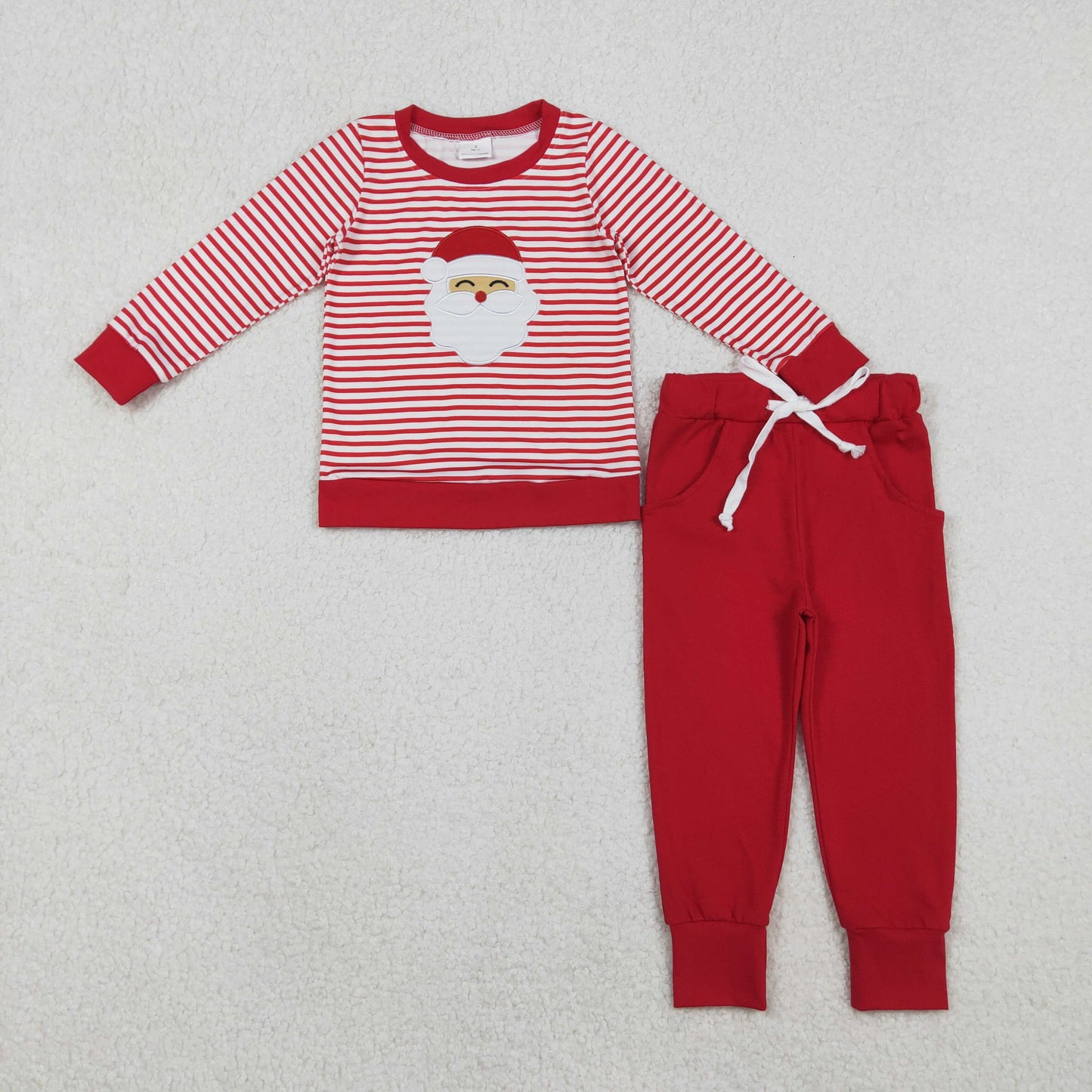 Santa Embroidery Stripes Top Red Pants Sibling Christmas Clothes Set