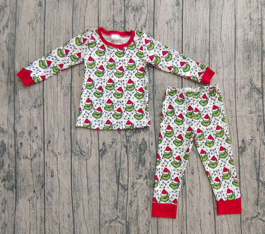 (Pre-order)BLP1225 Green Frog Lights Print Kids Christmas Pajamas Clothes Set