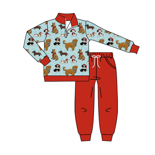 (Pre-order)BLP1226 Dog Zipper Pullover Top Red Pants Boys Christmas Clothes Set