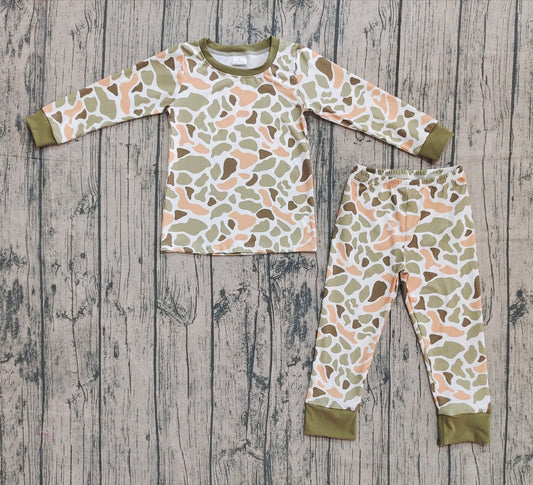 (Pre-order)BLP1228 Green Camo Print Kids Fall Pajamas Clothes Set