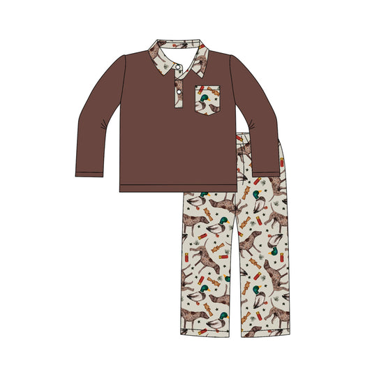 (Pre-order)BLP1229 Brown Polo Pocket Top Duck Dog Pants Boys Fall Hunting Clothes Set