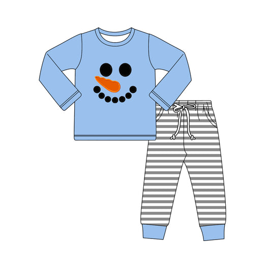 (Pre-order)BLP1231 Snowman Blue Top Stripes Pants Boys Christmas Clothes Set