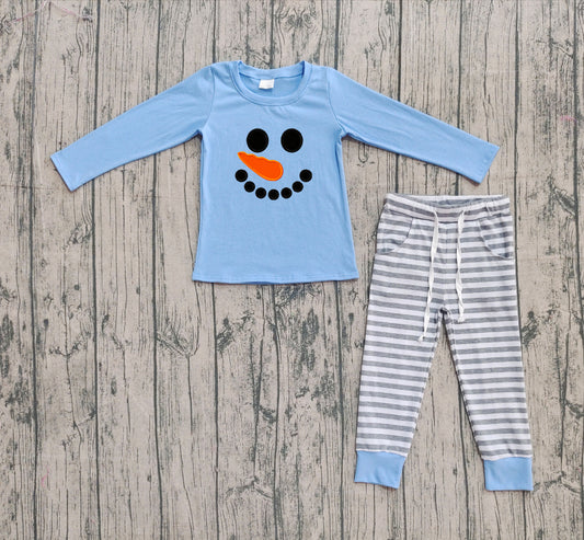 (Pre-order)BLP1231 Snowman Blue Top Stripes Pants Boys Christmas Clothes Set
