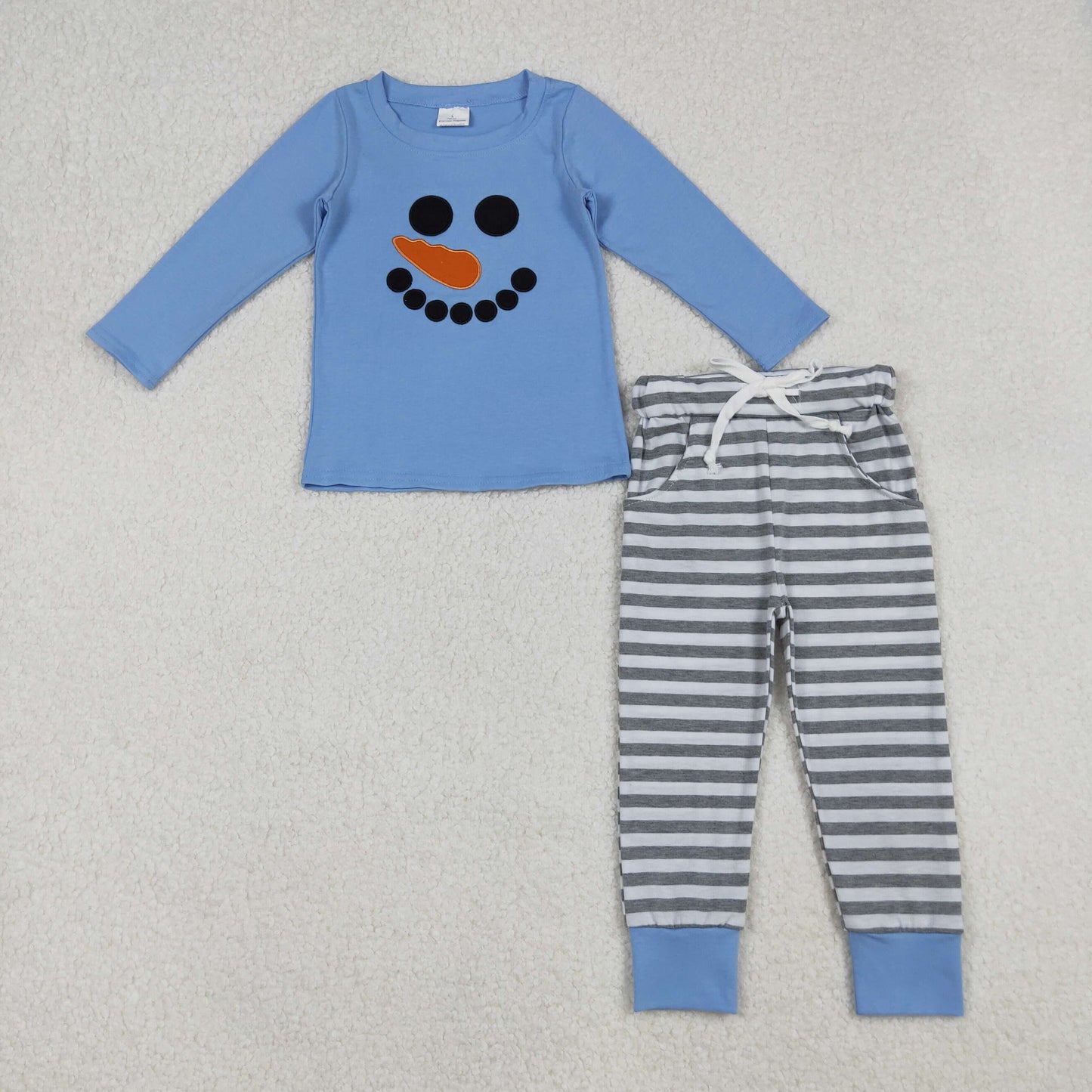 Snowman Embroidery Top Stripes Pants Kids Christmas Clothes Sibling Wear