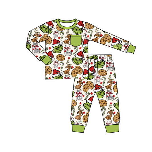 (Pre-order)BLP1237 Green Frog Cookie Pants Boys Christmas Pajamas Clothes Set