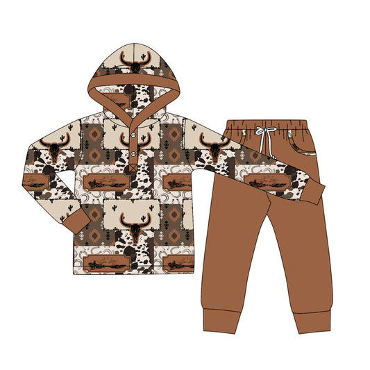 (Pre-order)BLP1238 Aztec Skull Hoodie Top Brown Pants Boys Western Fall Clothes Set