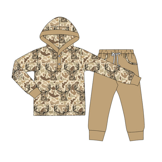 (Pre-order)BLP1239 Deer Brown Camo Hoodie Top Brown Pants Boys Fall Hunting Clothes Set