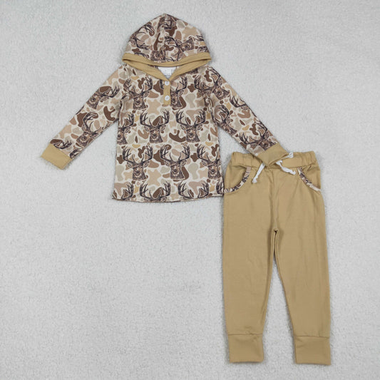 BLP1239 Deer Brown Camo Hoodie Top Brown Pants Boys Fall Hunting Clothes Set