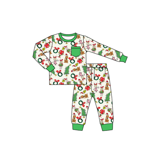 (Pre-order)BLP1244 Green Frog Friends Print Boys Christmas Pajamas Clothes Set