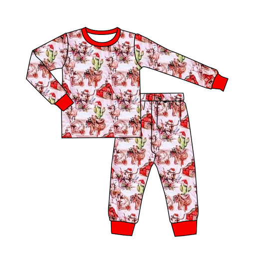 (Pre-order)BLP1255 Highland Cow Cactus Print Kids Christmas Pajamas Clothes Set