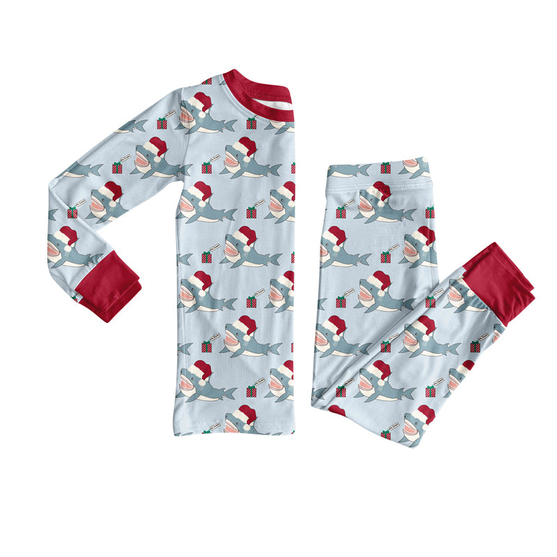 (Pre-order)BLP1258 Shark Print Boys Christmas Pajamas Clothes Set